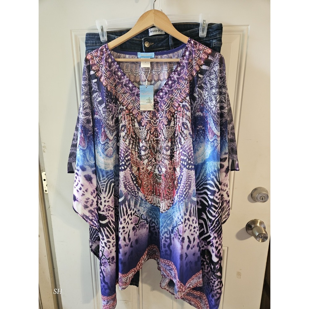 NWT Sun Carl Purple Animal Print Caftan Poncho Tunic Cover Up One Size